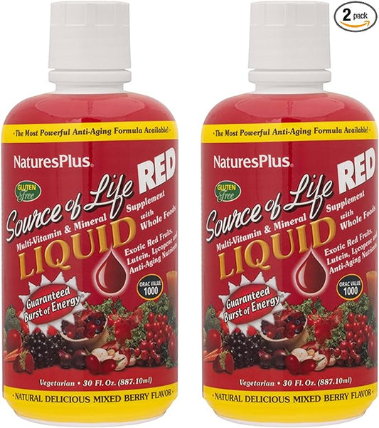 Natures Plus Source of Life RED Multivitamin Liquid - 30 oz, Pack of 2 - Energy & Immune Support - with Exotic Red Fruits, Lycopene & Lutein - Vegetarian & Gluten Free - 60 Total Servings