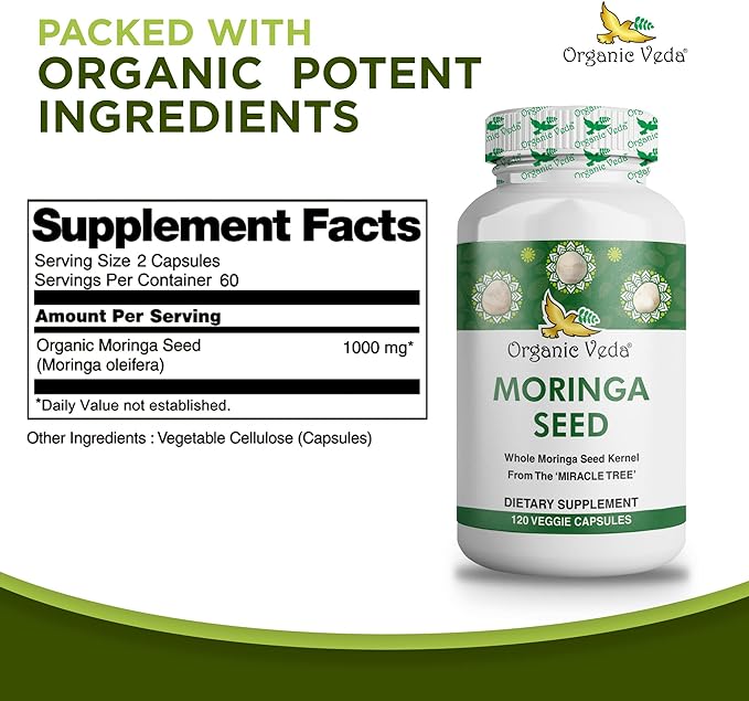 Organic Veda Moringa Seed Capsules, 1000mg - 100% Natural Moringa Seed Powder with Nutrients, Antioxidants, Vitamins, Minerals & Enzymes - Glowing Skin, Immunity & Energy Support - Non-GMO, 120 Count