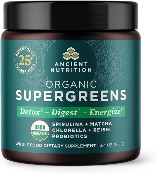 Ancient Nutrition Organic SuperGreens Powder with Probiotics, Organic Greens Flavor Greens, Made from Real Fruits, Vegetables and Herbs, Digestive and Energy Support, 12 Servings, 3.4oz