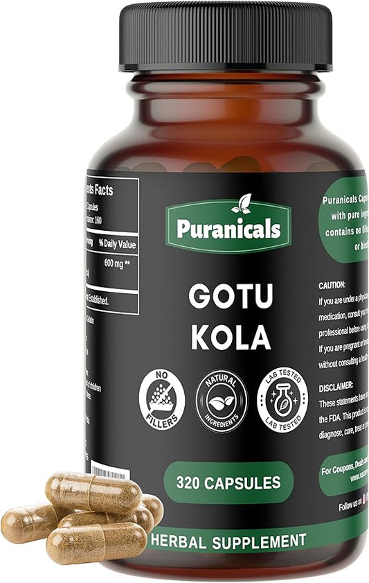 Gotu Kola Premium 320 Capsules Non GMO and Gluten Free | Herbal Supplement | 600 mg Per Serving | Made with 100% Pure Gotu Kola Powder