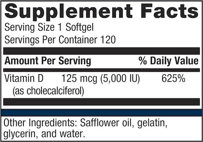 Metagenics D3 5000 - for Immune Support, Bone Health & Heart Health* - High Potency Vitamin D - Non-GMO - Gluten-Free - 120 Softgels