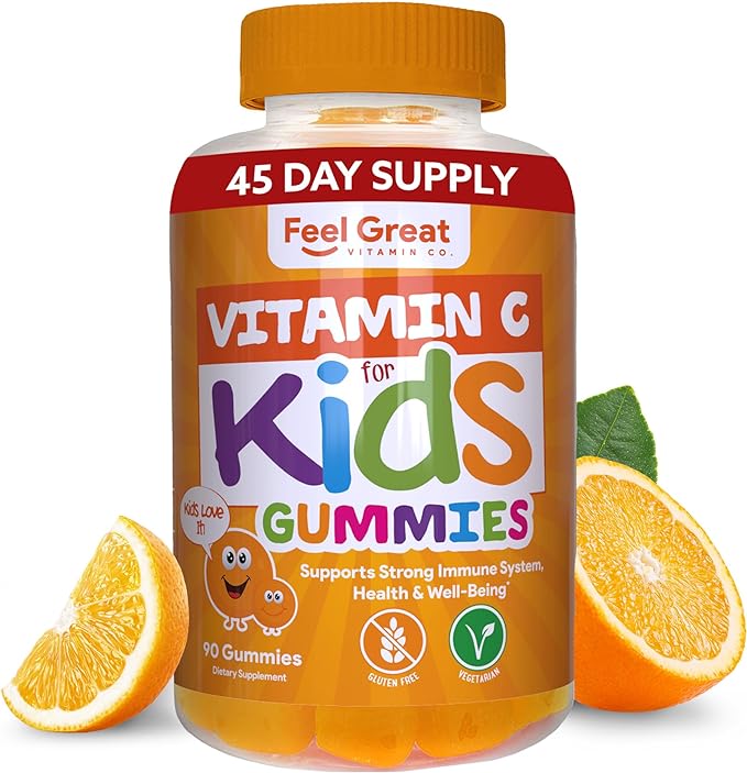 Feel Great Vitamin C Gummies for Kids | Chewable Orange Flavored Gluten Free & Vegetarian Gummies| Immune Support for Kids | 250 MG Kids Vitamin C | 45 Day Supply