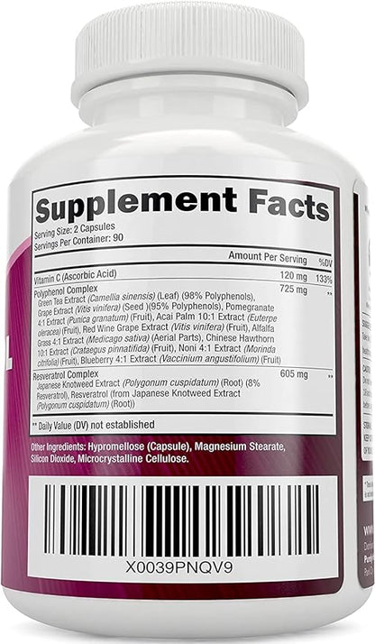 Purely Holistic Resveratrol 1450mg, 90 Servings, Trans-Resveratrol Antioxidant Supplement with Vitamin C and Polyphenol Complex, 180 Vegan Capsules, Promotes Anti Aging & Cardiovascular Health