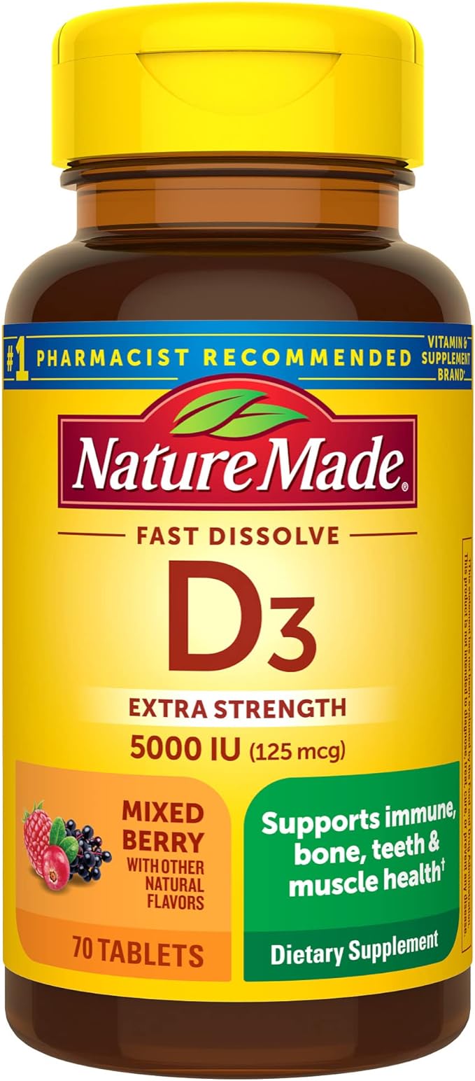 Nature Made Extra Strength Vitamin D3 5000 IU (125 mcg), Vitamin D Supplement for Bone, Teeth, Muscle, Immune Health Support, 70 Sugar Free Fast Dissolve Tablets, 70 Day Supply