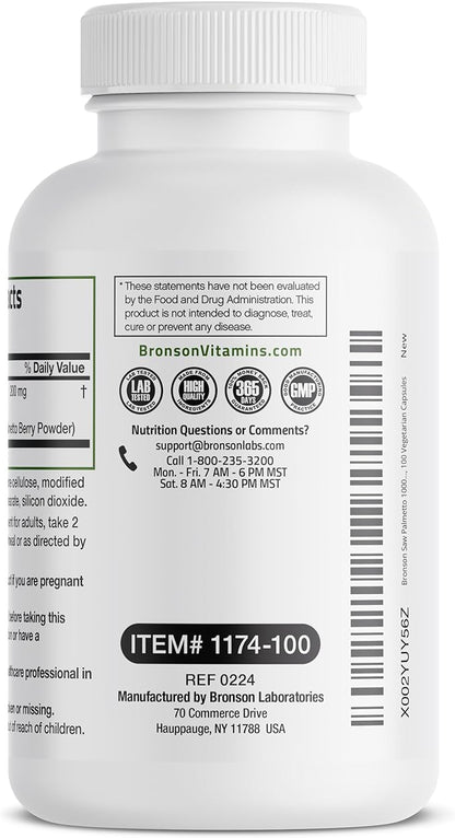 Bronson Saw Palmetto 1000 MG per Serving Extra Strength Supports Healthy Prostate Function & Urinary Health Support - Non GMO, 100 Vegetarian Capsules