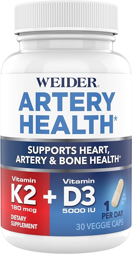 Weider Artery Health for Heart, Immune and Bone Support with Vitamin K2 (180mcg) & Vitamin D3 (5000iu), 30 Veggie Capsules