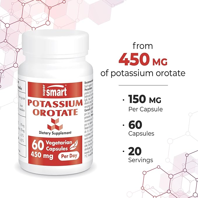 Supersmart - Potassium Orotate 450 mg Per Day - Helps Maintain Body Acid-Base Balance - May Support Nerve Transmission & Heart Health | Non-GMO & Gluten Free - 60 Vegetarian Capsules