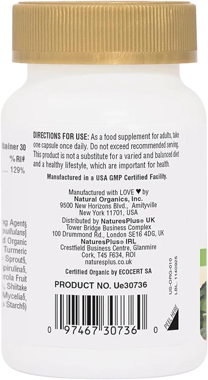 NaturesPlus Source of Life Garden Certified Organic Family Iron 18 mg Cap - 30 Vegan Capsules - Plant-Based Iron Supplement - Supports Healthy Blood - Vegetarian, Gluten-Free - 30 Servings