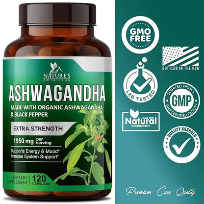 Nature's Nutrition Organic Ashwagandha Capsules Extra Strength 1950mg - Stress Support Formula - Natural Mood Support - Focus & Energy Support Supplement - 120 Capsules