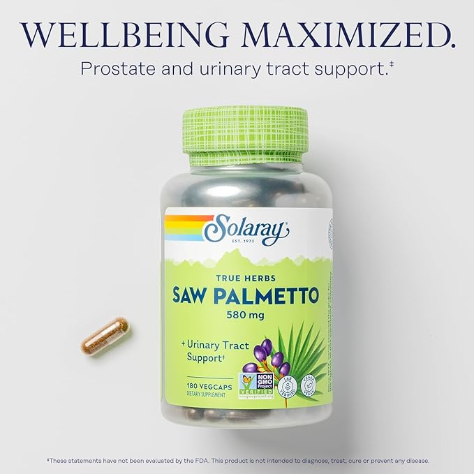 SOLARAY Saw Palmetto Berry 580 mg, Healthy Prostate and Urinary Tract Support from Fatty Acids & Plant Sterols for Men and Women, Non-GMO, Vegan & Lab Verified, 180 VegCaps, 180 Servings