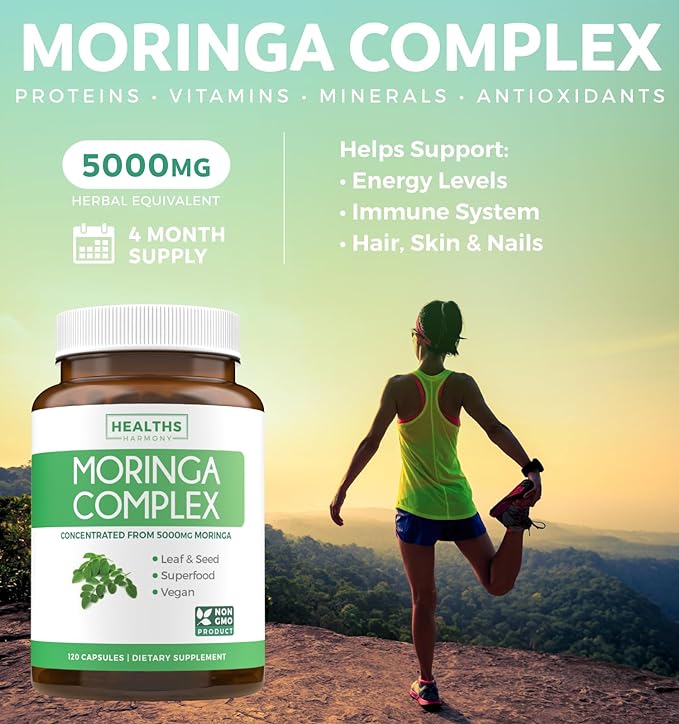 Moringa Capsules (4 Month Supply) High Strength 5,000mg Equivalent - Advanced Blend of Whole Herb Powder With 20:1 Seed and 10:1 Leaf Extract - Non-GMO Vegetarian Supplement - 120 Caps (No Oil or Tea)