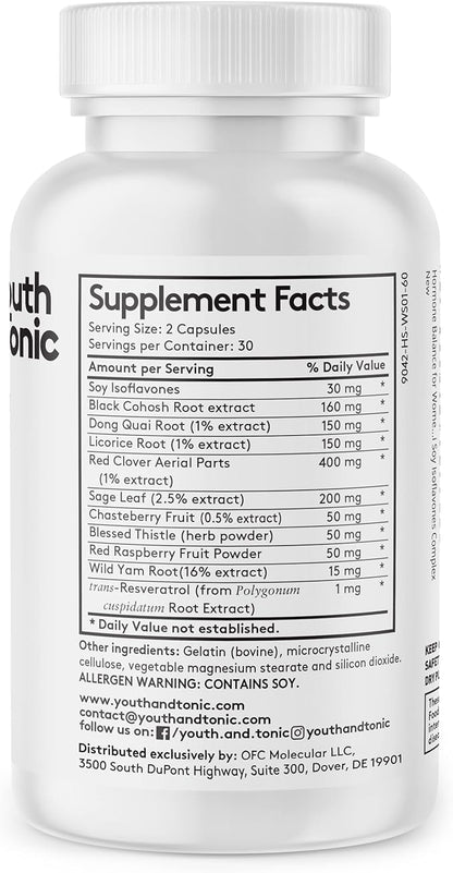 Youth & Tonic Menopause & PMS Support for Women Through Balanced Estrogen Metabolism – 90 Pills with DIM Black Cohosh Red Clover Dong Quai Soy Isoflavones