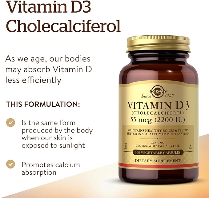 Solgar Vitamin D3 (Cholecalciferol) 55 mcg (2200 IU), 100 Vegetable Capsules - Helps Maintain Healthy Bones & Teeth - Immune System Support - Non-GMO, Gluten Free, Dairy Free, Kosher - 100 Servings