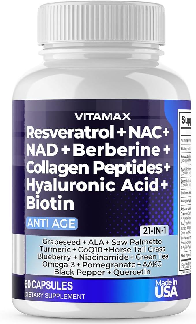 Resveratrol NAD+ Berberine Hyaluronic Acid - Biotin Grape & Blueberry + NAC - Collagen Peptides - Hair, Nail, Skin & Joint Supplement - 21-in-1 Women and Men - Made in USA (60 Count (Pack of 1)