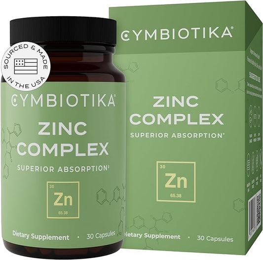 CYMBIOTIKA Zinc Complex, High Absorption Zinc Supplement with Copper, Including Zinc Picolinate, Zinc Monomethione, & Sucrosomial Zinc, Powerful Immune System Booster for Adults, Non-GMO, 30 Capsules