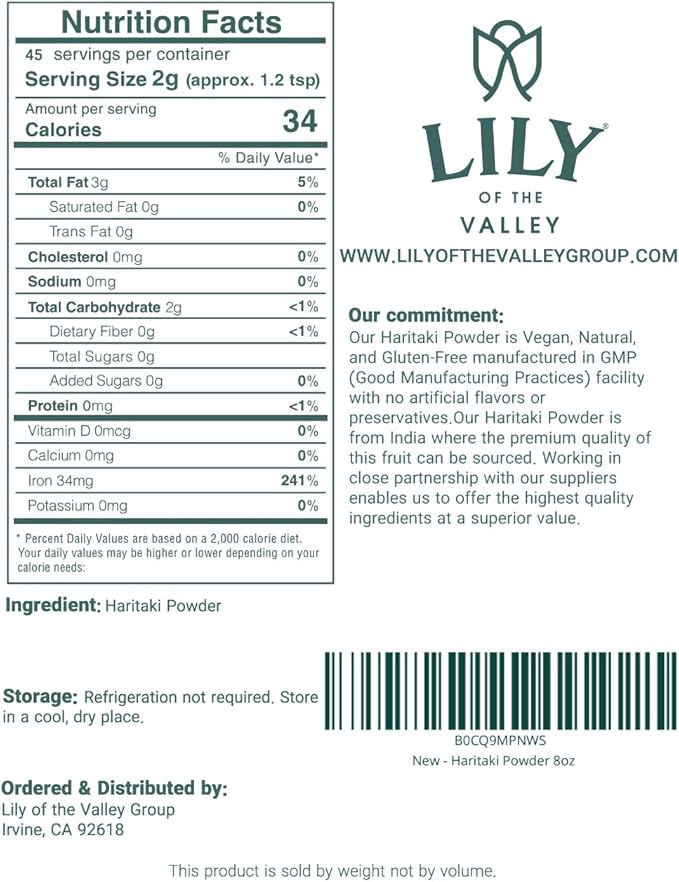 Lily of the Valley Haritaki Powder - Terminalia Chebula - Sourced from India - An Ayurvedic Herb - 100% Natural &No Added Preservative - Vegan & Gluten-Free (8oz, 226g)- Package May Vary