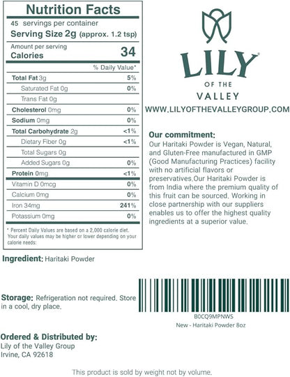 Lily of the Valley Haritaki Powder - Terminalia Chebula - Sourced from India - An Ayurvedic Herb - 100% Natural &No Added Preservative - Vegan & Gluten-Free (8oz, 226g)- Package May Vary