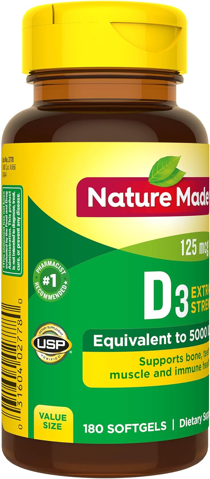 Nature Made Extra Strength Vitamin D3 5000 IU (125 mcg), Dietary Supplement for Bone, Teeth, Muscle and Immune Health Support, 180 Softgels, 180 Day Supply