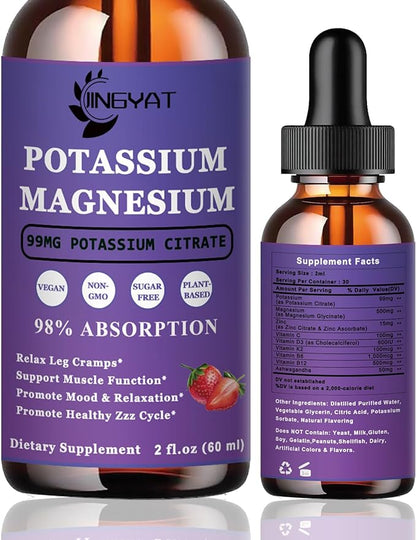 Potassium Magnesium Supplement Liquid Drops - Non-GMO & Gluten Free - High Absorption Magnesium Complex Potassium Citrate 99mg, Zinc, Vitamins C, D3, Complex B for Bone, Heart, Muscle & Nerve