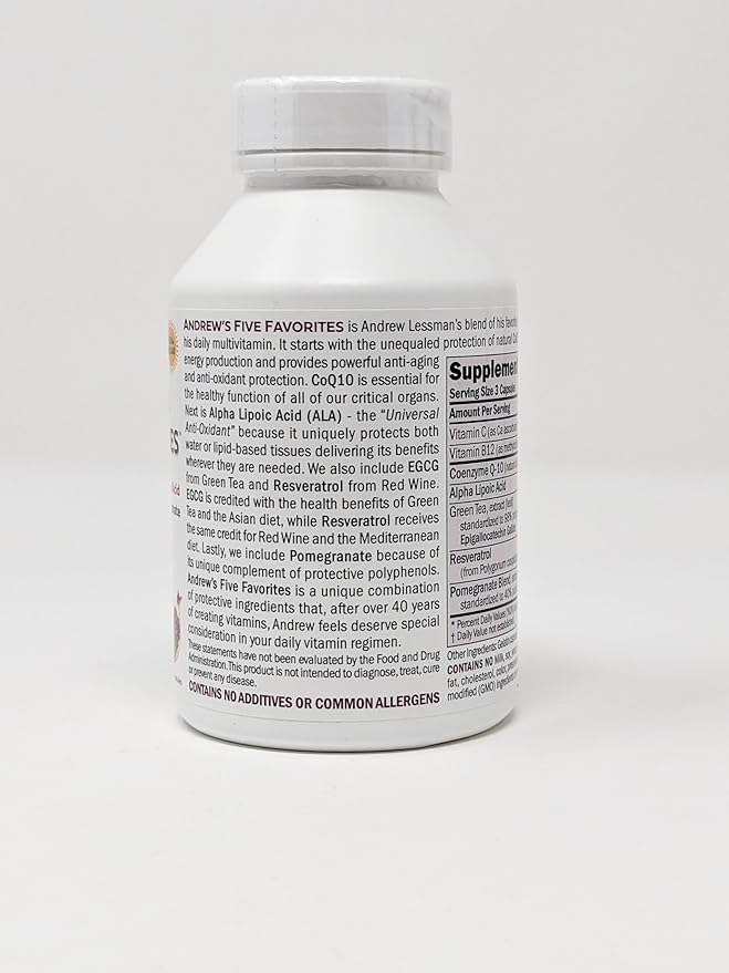 ANDREW LESSMAN Andrew's Five Favorites 120 Capsules – Provides 200mg Each of Coenzyme Q-10, Resveratrol, EGCG, Pomegranate and Alpha Lipoic Acid, Powerful Anti-Oxidant Support, No Additives