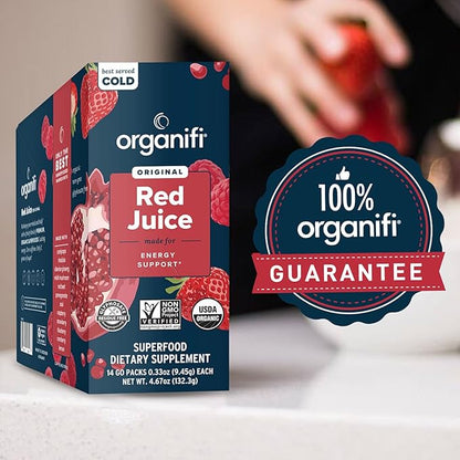 Organifi Red Juice - Vegan Energy Powder - Berry-Flavored Adaptogen Drink - Caffeine Free, 14 Go Packets