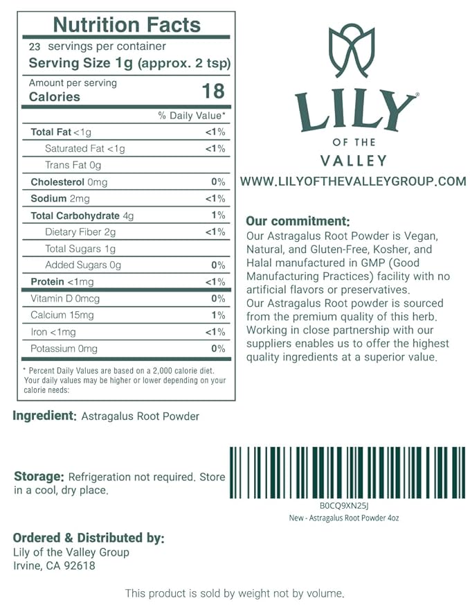 LILY OF THE VALLEY Astragalus Root Powder - Superfood for Cooking and Baking - Sun Dried & Filler Free - Pure Astragalus Tea Powder - Vegan & Gluten-Free - Packed in Resealable Pouch (16oz, 453g)