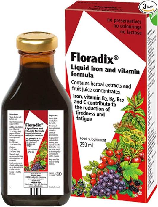 Floradix Floravital Liquid Iron and Vitamin Formula 8.5 fl.oz. - 250 ml. - Made in Germany (3 Pack)