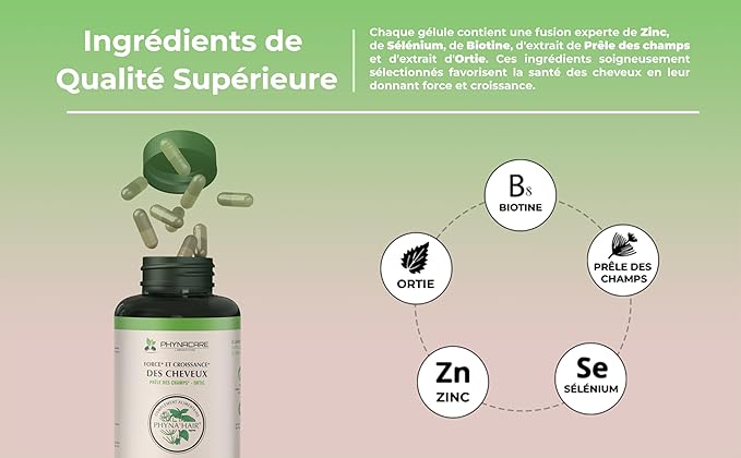 Force ET CROISSANCE DES CHEVEUX - BIOTINE, ZINC, Selenium, ET PLANTES - Hautement dosé - Format 3 Mois Pour un résultat Optimal