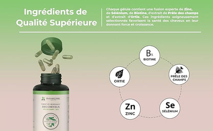 Force ET CROISSANCE DES CHEVEUX - BIOTINE, ZINC, Selenium, ET PLANTES - Hautement dosé - Format 3 Mois Pour un résultat Optimal