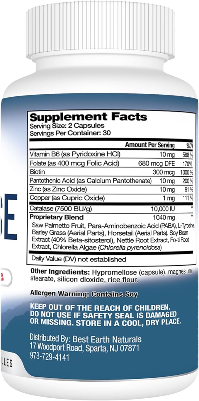 Catalase Supplement 10,000 with Saw Palmetto, Biotin, Fo-Ti, PABA - Hair Supplements for Strong Hair - 60 Capsules