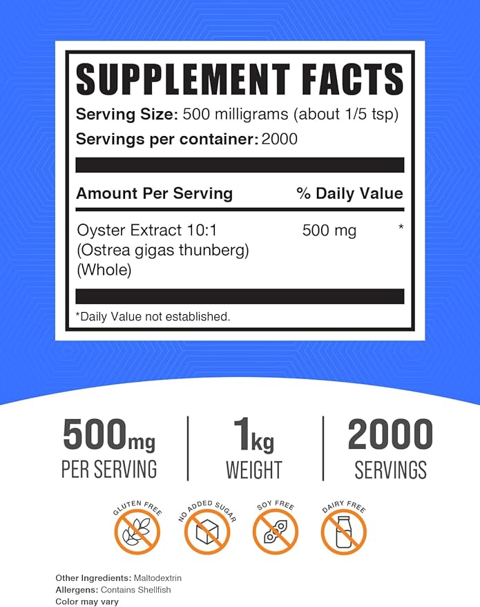 BulkSupplements.com Oyster Extract Powder - Oyster Supplement, from Whole Oyster Shells, Oyster Powder - Gluten Free, 500mg per Serving, 1kg (2.2 lbs) (Pack of 1)