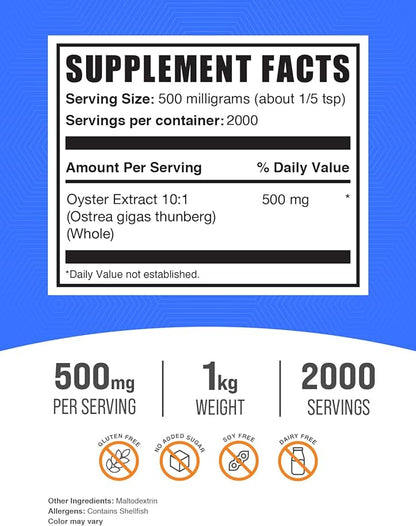 BulkSupplements.com Oyster Extract Powder - Oyster Supplement, from Whole Oyster Shells, Oyster Powder - Gluten Free, 500mg per Serving, 1kg (2.2 lbs) (Pack of 1)