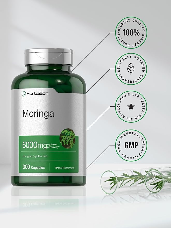 Horbäach Moringa Oleifera | 6000mg | 300 Powder Capsules | Non-GMO and Gluten Free Extract Formula | Complete Green Superfood