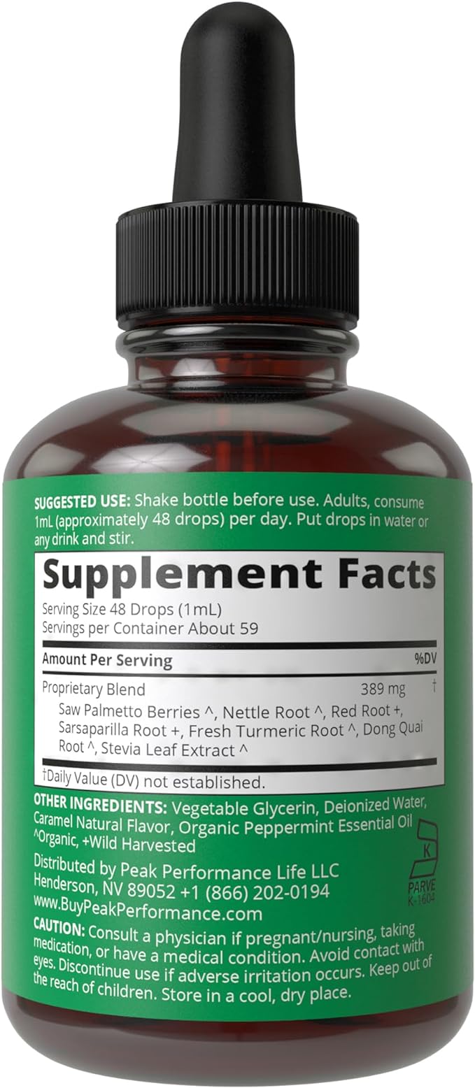 Prostate Support Supplement for Men’s Health. Vegan Kosher Prostate Health Liquid Drops with Organic Saw Palmetto, Organic Nettle, Organic Turmeric, Organic Peppermint, Wild Sarsaparilla + Red Root