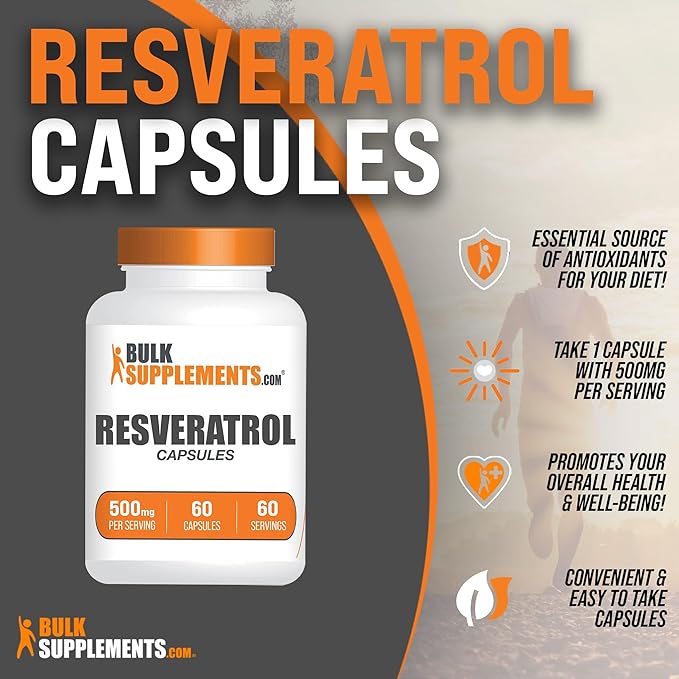 BulkSupplements.com Resveratrol Capsules - Resveratrol Supplement, Polygonum Cuspidatum, Resveratrol 500mg - Antioxidants Supplement, Resveratrol Pills - 1 Capsule per Serving, 60 Capsules