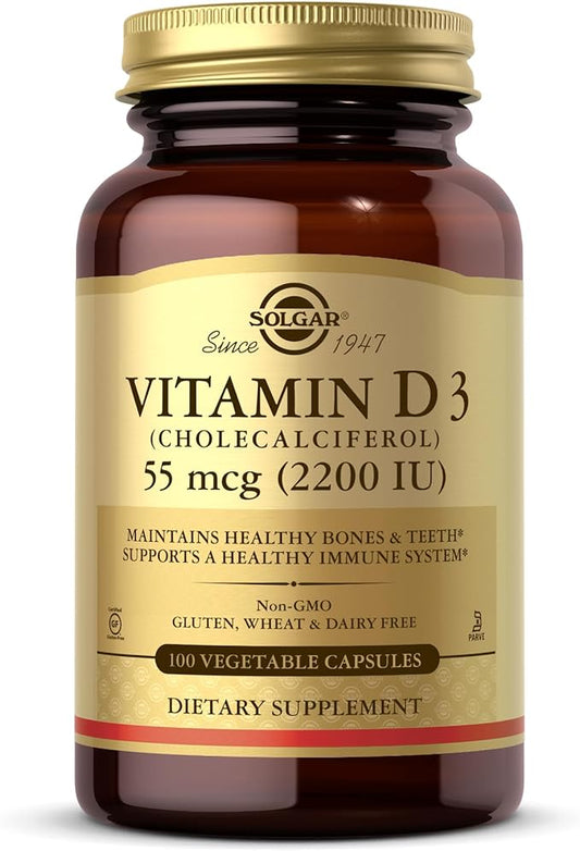 Solgar Vitamin D3 (Cholecalciferol) 55 mcg (2200 IU), 100 Vegetable Capsules - Helps Maintain Healthy Bones & Teeth - Immune System Support - Non-GMO, Gluten Free, Dairy Free, Kosher - 100 Servings