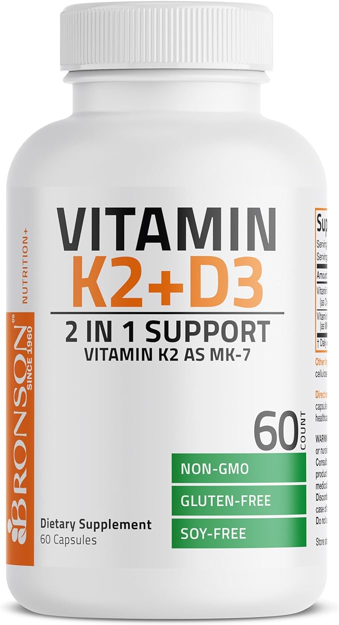 Bronson Vitamin K2 (MK7) with D3 Supplement Non-GMO Formula 5000 IU Vitamin D3 & 90 mcg Vitamin K2 MK-7 Easy to Swallow Vitamin D & K Complex, 60 Capsules