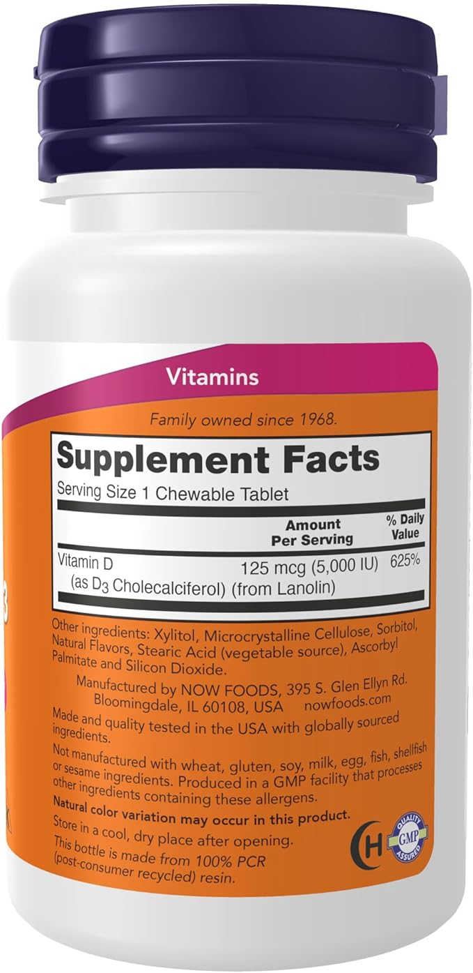 NOW Supplements, Vitamin D-3 5,000 IU, Natural Mint Flavor, Structural Support*, 120 Chewables