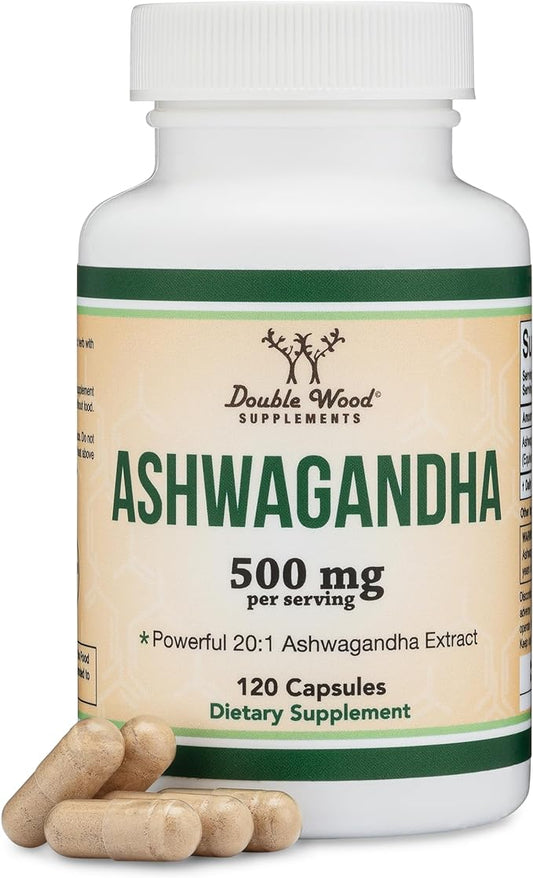 Ashwagandha Capsules, 120 Count (500mg Extract 20:1 Potency, Equivalent to 10,000mg Powder) Adaptogen Stress Relief by Double Wood