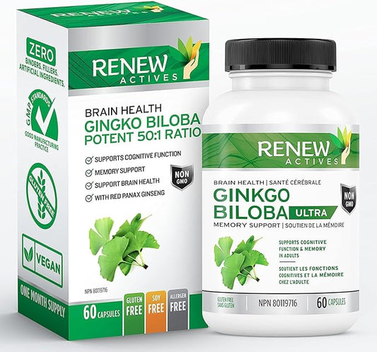 Renew Actives Ginkgo Biloba Brain Supplement with Red Panax Ginseng Extract, 50:1 Ratio for Max Performance - Supports Cognitive Function & Memory - 60 Capsules