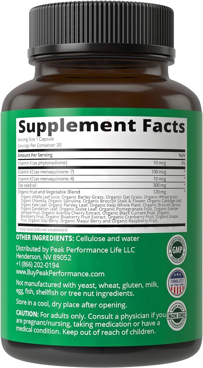 Vitamin K with Whole Food Blend of 25+ Vegetables and Fruits for Max Absorption. Vegan Capsules Supplement. Vitamins K1, K-2 MK4 + K2 Natto MK7. Alternative to Drops, Gummies. VIT K with K 2 and MK-7