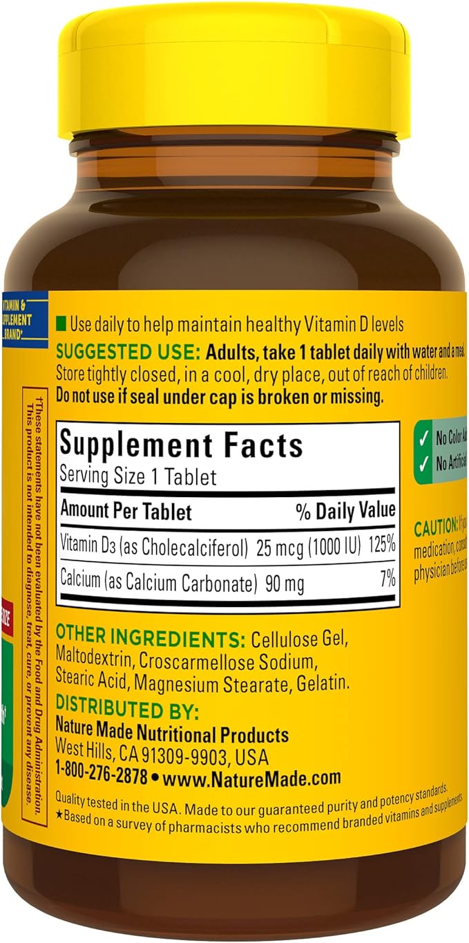 Nature Made Vitamin D3 1000 IU (25 mcg), Dietary Supplement for Bone, Teeth, Muscle and Immune Health Support, 300 Tablets, 300 Day Supply