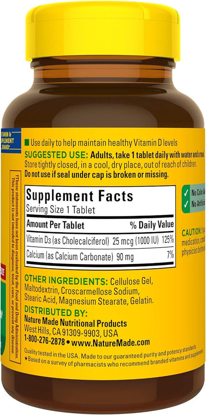 Nature Made Vitamin D3 1000 IU (25 mcg), Dietary Supplement for Bone, Teeth, Muscle and Immune Health Support, 300 Tablets, 300 Day Supply