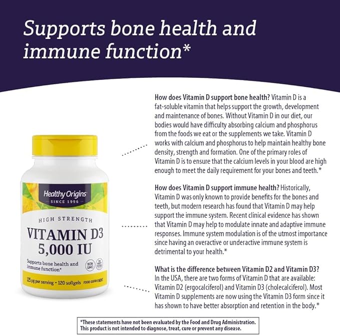 Healthy Origins Vitamin D3 (Lanolin) 5,000 IU - Bone Health and Immune Support Supplement - Easily Absorbable Vitamin D Supplements - Gluten-Free Vitamin D3 Supplement - 120 Softgels