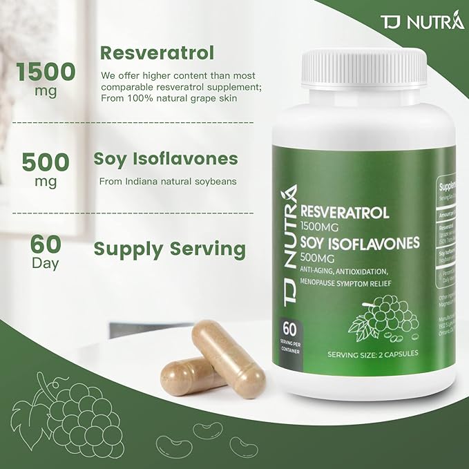 Resveratrol Supplement 2000mg with Soy Isoflavones 500mg, 100% Natural Trans-Resveratrol, Promotes Anti-Aging, Immunity Support, Antioxidants, Menopause Relief, 120 Capsules, 60 Day Supply