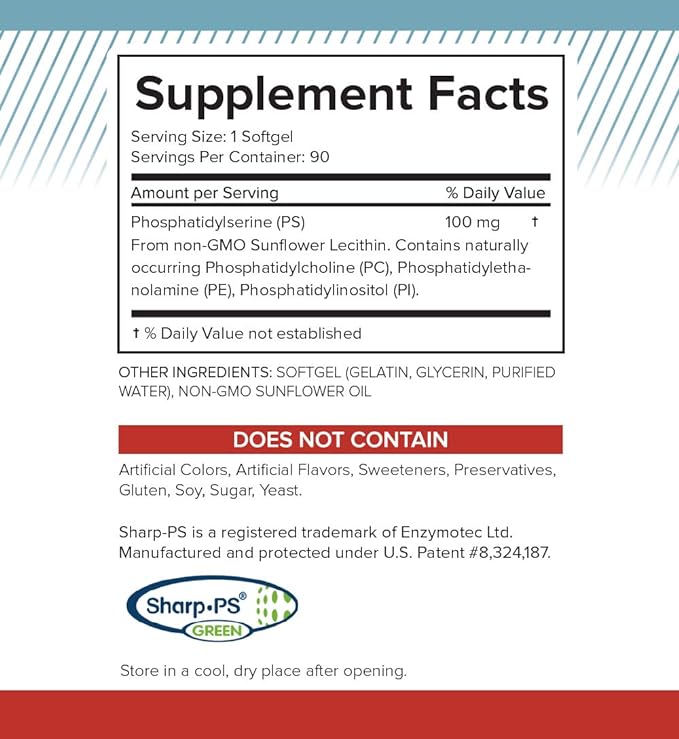 Soy Free Phosphatidylserine 100mg - Phosphatidylserine Supplement from Sunflower Lecithin, Patented Sharp PS100, Brain Health, Memory Aid, Cortisol Control, Mental Sharpness, Non GMO, 90 Softgels