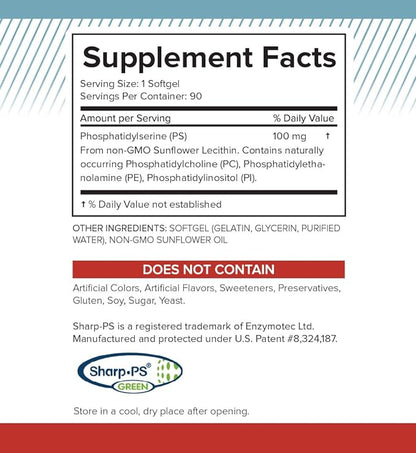 Soy Free Phosphatidylserine 100mg - Phosphatidylserine Supplement from Sunflower Lecithin, Patented Sharp PS100, Brain Health, Memory Aid, Cortisol Control, Mental Sharpness, Non GMO, 90 Softgels