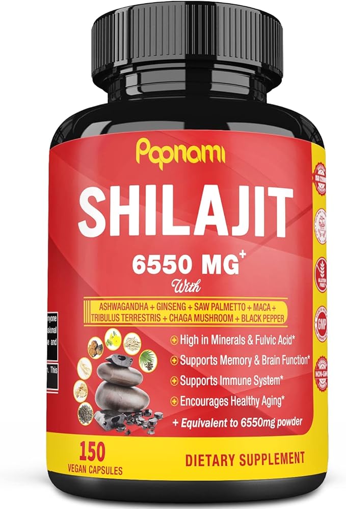 Shilajit Himalayan Supplement - 6550mg 150 Capsules Combined Ashwagandha, Ginseng, Saw Palmetto, Maca, Tribulus, Chaga & Black Pepper - 5 Month Supply for Strength, Stamina, Brain & Immune Health