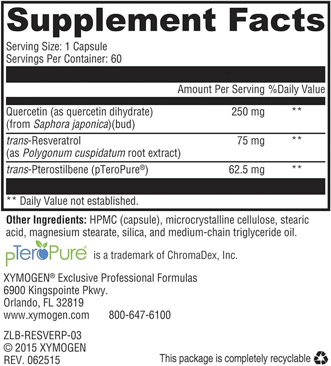 XYMOGEN Resveratin Plus - Patented Pterostilbene + Trans-Resveratrol with Quercetin Antioxidants Supplement to Promote Cardiovascular + Cellular Health, Healthy Aging, Immune Support (60 Capsules)