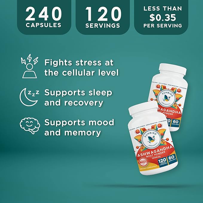 Ashwagandha Capsules Organic, Stress & Sleep Support, Potent 1200mg Pure Ashwagandha Root Powder, 120 Vegan Ashwagandha Capsules, Made in USA - 2 Bottles